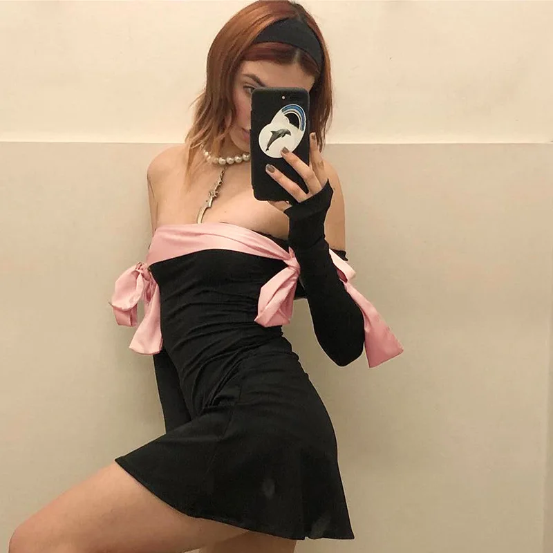 JULISSA MO 2025 Autumn Fashion Strapless Long Sleeve Bow Mini Dress For Women Sexy Slim A-line Outfits Solid Patchowrk Dress New