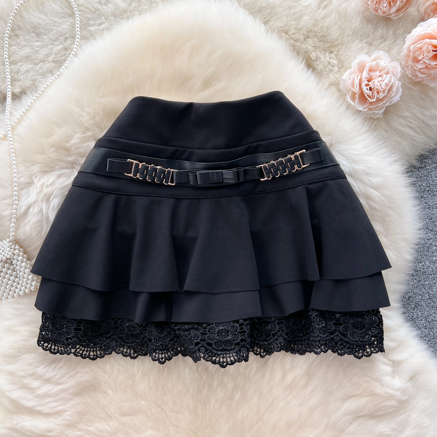 

French Chic Ball Gown Mini Skirts Women A-line High Waist Lace Patchwork Female Skirt with Shorts Autumn Sweet Skirts Dropship