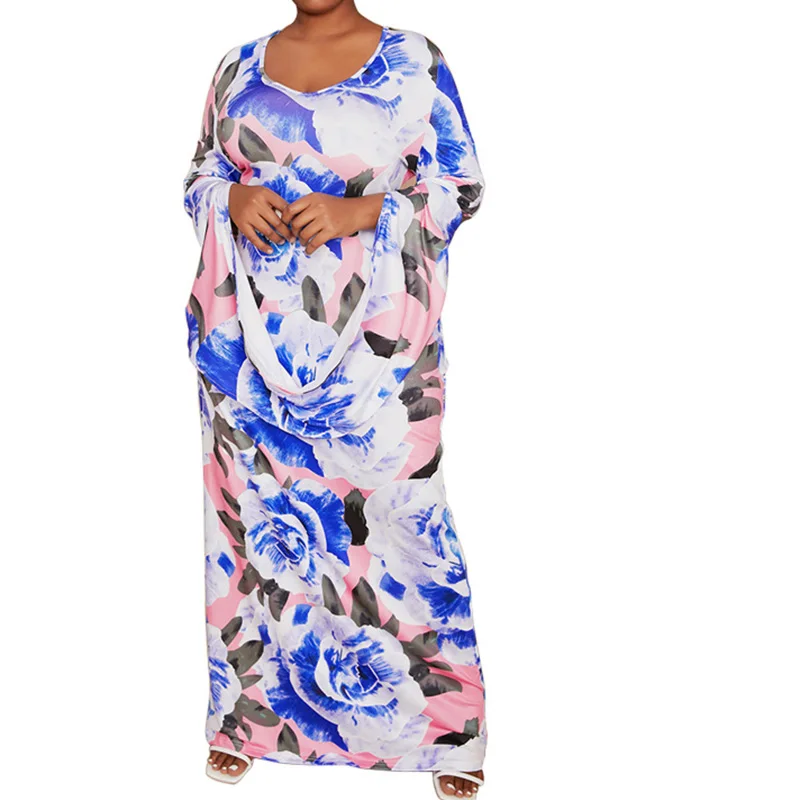 Plus Size Female Clothing U-Neck Blue Pink Botany Floral Print Robe Femme Spring Autumn Commute Three Quarter Sleeves Maxi Dress