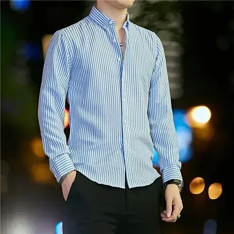 thumbnail image 1 of Camisas y blusas a rayas para hombre, ropa ajustada para hombre, estilo coreano, manga larga, color rojo, para negocios, para uso social, tallas S, verano, XXL, 1 of 5