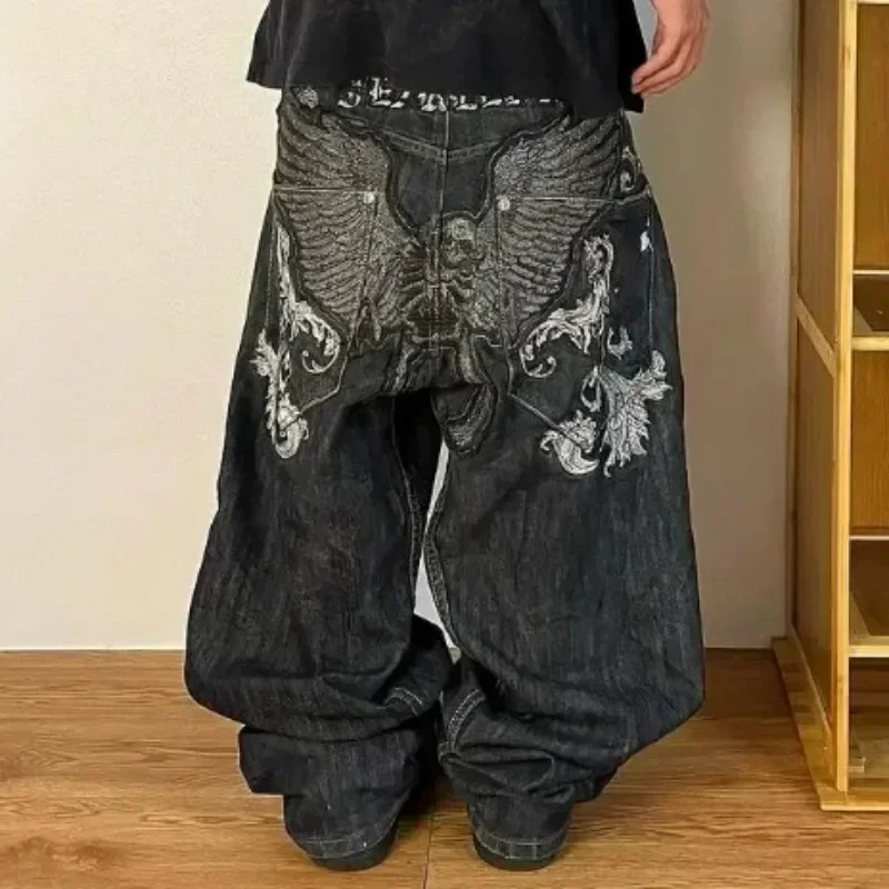 2024 New American Retro Skull Wings Embroidered Baggy Jeans Men And Women Y2K Harajuku Hip-hop Gothic Wide Trousers Streetwear 2