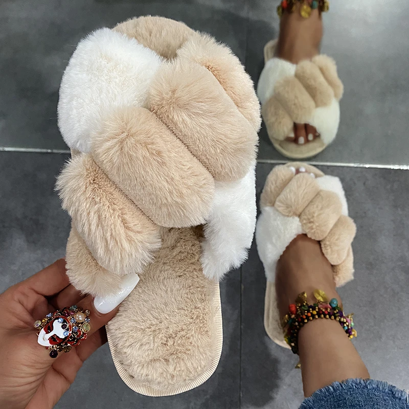 

Women Home Shoes Indoor Plush Slippers Color-block Open Toe Fashion Slides