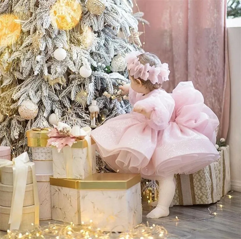 

Sparkly Pink Baby Girls Dresses Glitter Layers Tulle Kids Long Sleeves Party Dress Celebrity First Birthday Dresses 12m 18m