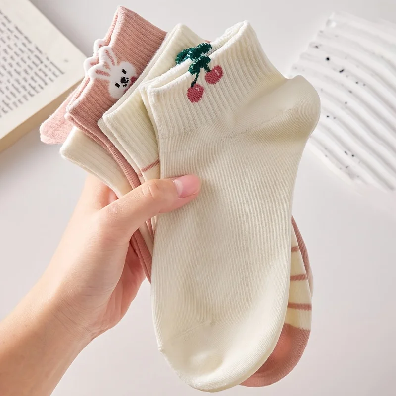 Charming Women's Socks Double Pack - Cute Cherry, Strawberry & Rabbit Designs, Comfortable & Breathable