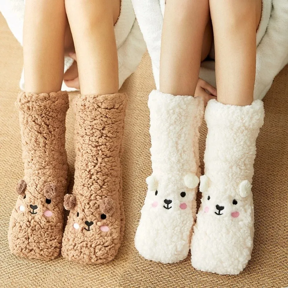 Women's Warm Solid Color Floor Socks Non Slip Plush Knitted Coral Fleece Socks No Show
