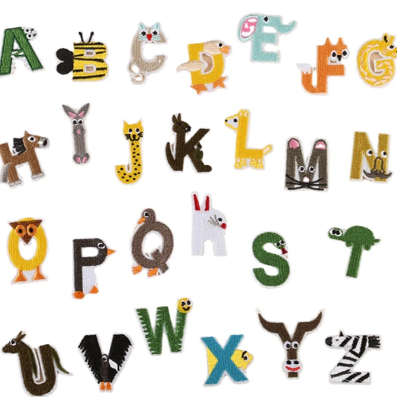 

5pcs Animal Letter Patches for Clothing ABC DEF OPQ RST UVW XYZ Embroidery Iron on Alphabet Kids Name Badge Patches Accessories