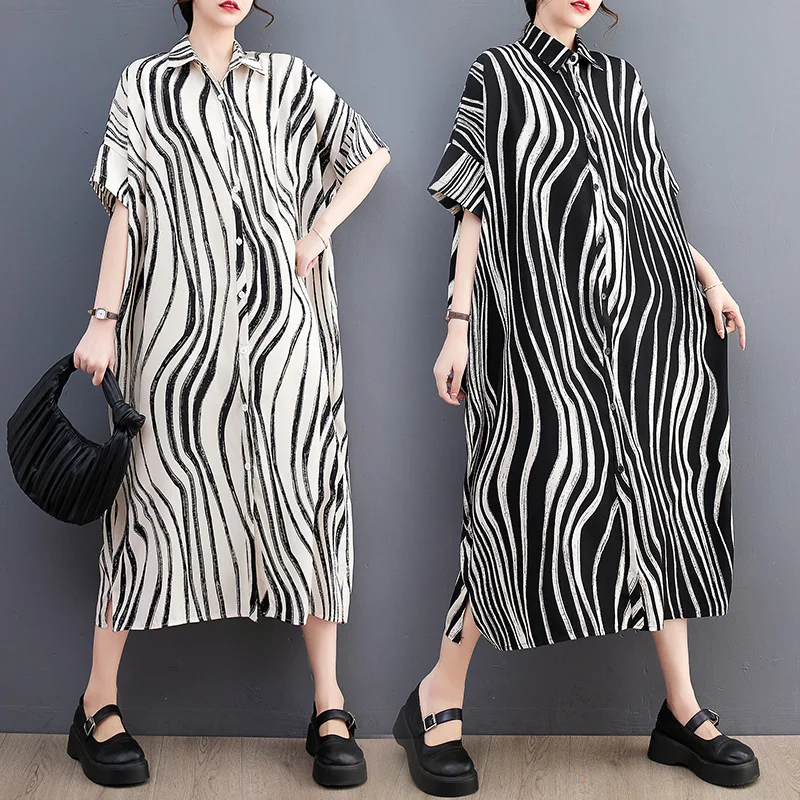 

Dresses Women Casual Fashion Zebra Dress Grace Long Sleeved Lapel Collar Button Loose Dress