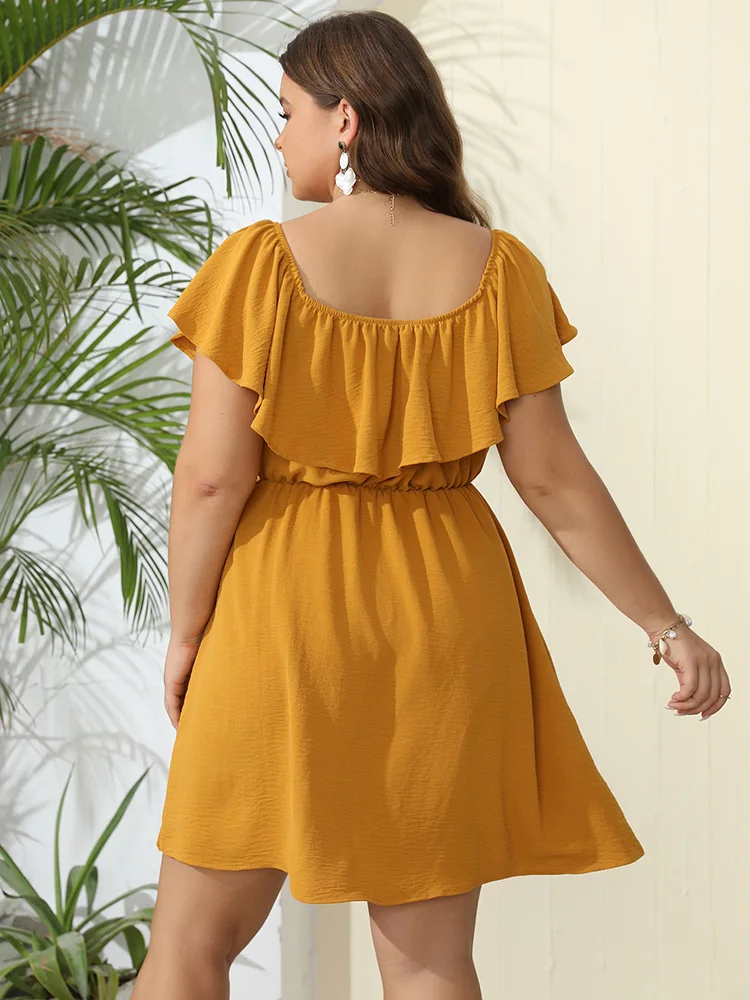 Plus Size Women Elegant Party Evening Mini Dresses 2023 New Summer A-Line Off Shoulder Short Sleeve Ruffle Solid Casual Clothing