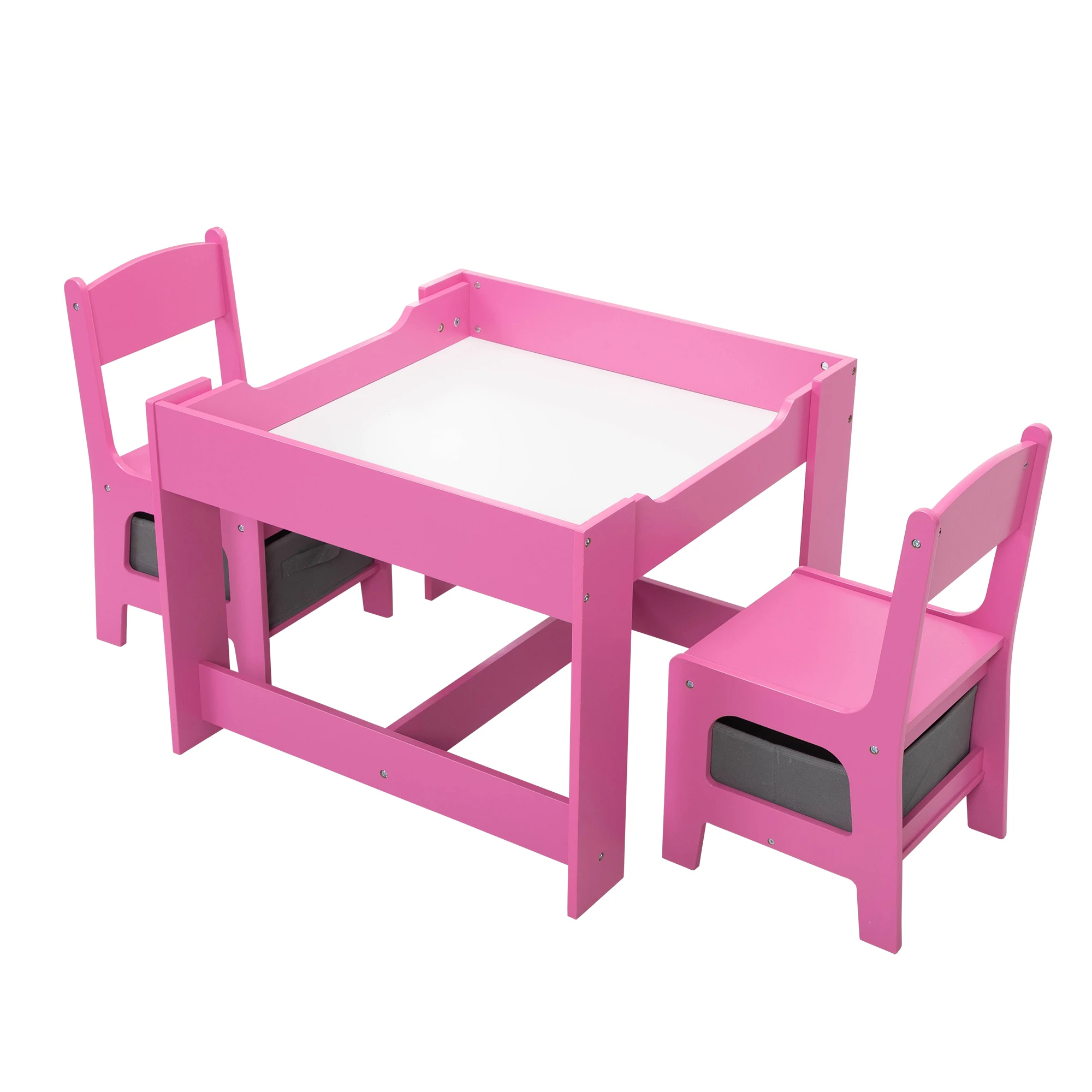 Three in one children's wooden table and two chairs, double-sided drawing table with storage space, blackboard, pink 5