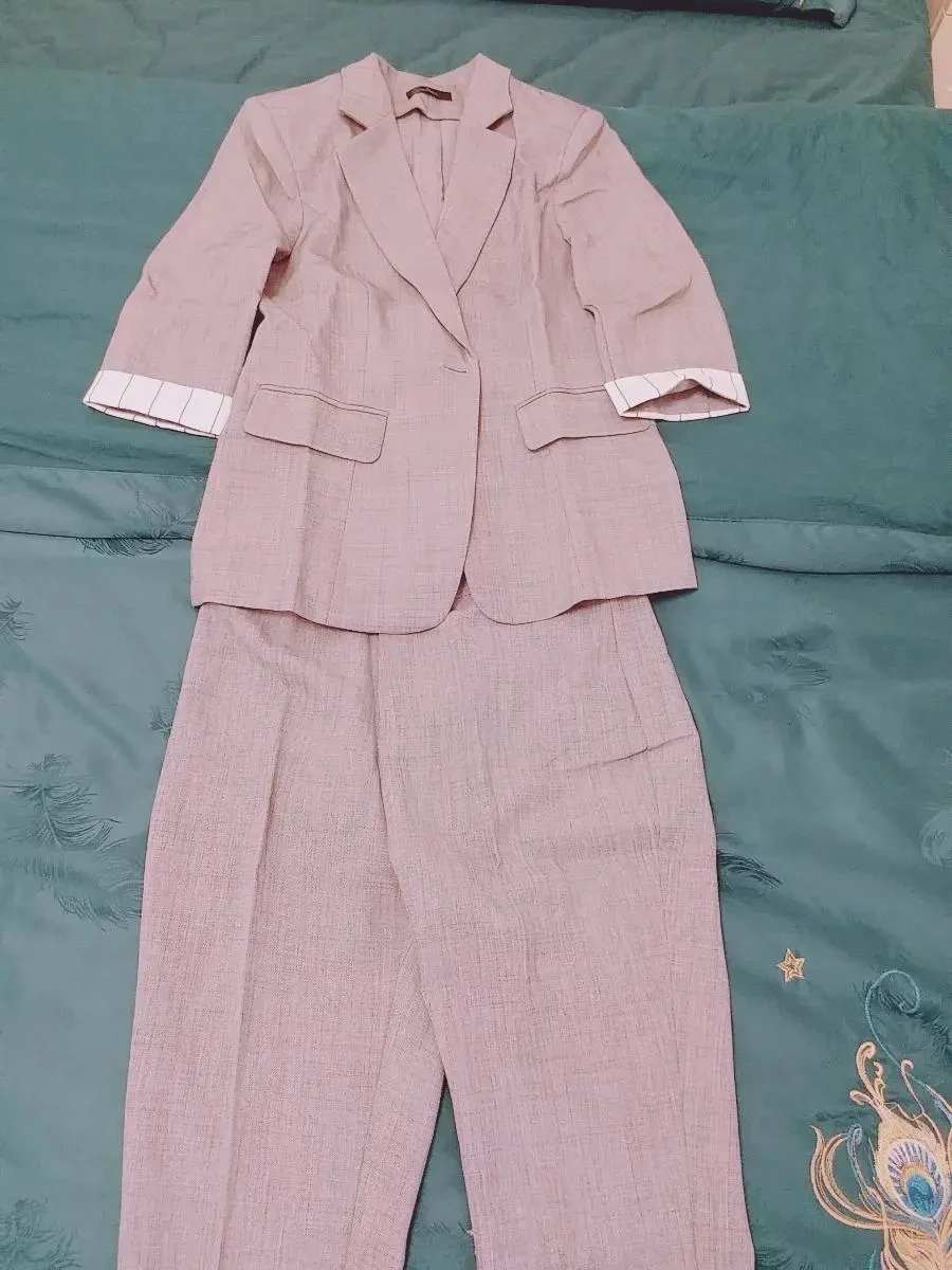 women's short suit set OL Spring Set Half Sleeves Pink One Piece Blazer Coats +Office Straight Capris Pants 2 Piece Suit Work Wear Plus Size 4XL Outfit ladies pant suits