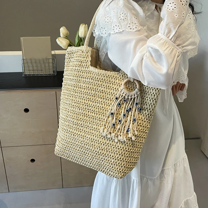 Fashion Large Capacity Fringe Pendant Handmade Straw Handbag Women Holiday Beach Casual Tote Top-Handle Bags Retro Shoulder Bags