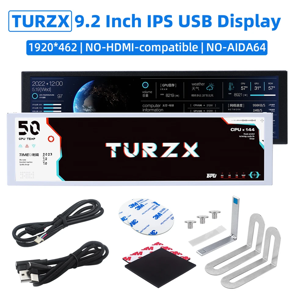 TURZX 9.2 Inch IPS USB Screen 1920x462 LCD for Computer CPU GPU