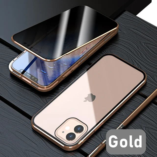 Tongdaytech Privacy Magnetic Case For Iphone XS 13 12 11 Pro MAX XR 6 7 8 Plus Magnet Metal Tempered Glass 360 Protective Cover Gold