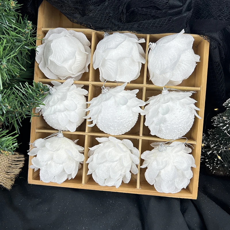 

3pcs/Box Christmas Ball Pendant Christmas Tree Decoration White Glitter Petal Shape Balls Foam Snow Ball Xmas Home Hanging Decor