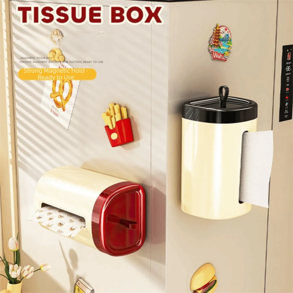 Removable Magnetic Tissue Box Widen Paper Outlet Reusable Hanging Paper Dispenser Space-Saving with Small Handle