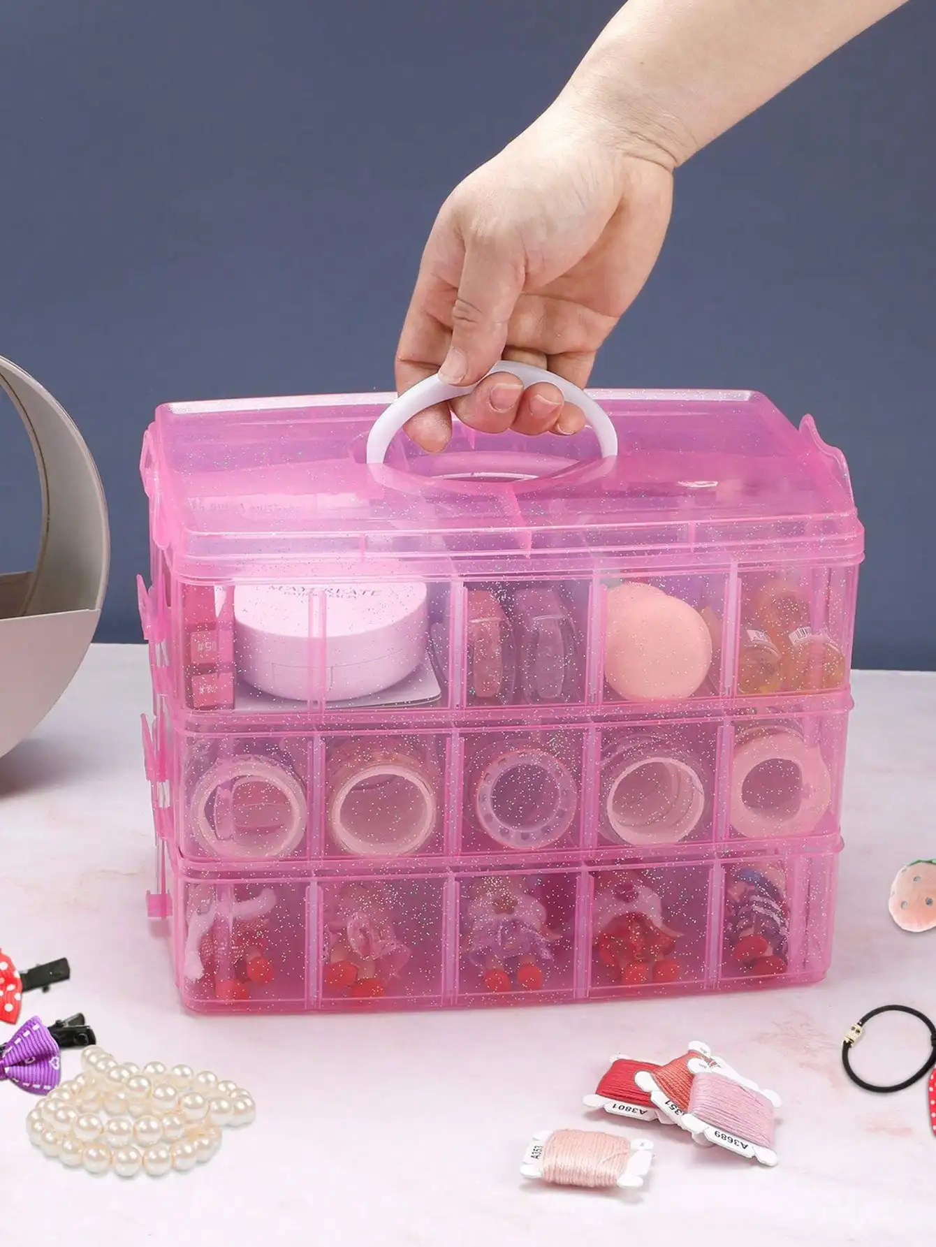 

3-Tier Pink Craft Storage Container Box, Stackable Organizer Box with Dividers for Art Supplies,