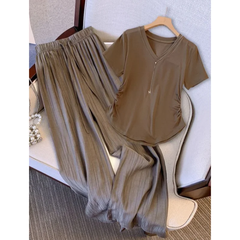 2024 Summer New Style V-neck Wrinkled Waist Slim Shoulder T-shirt High Waist Wide Leg Pants Casual Two Piece Set for Women