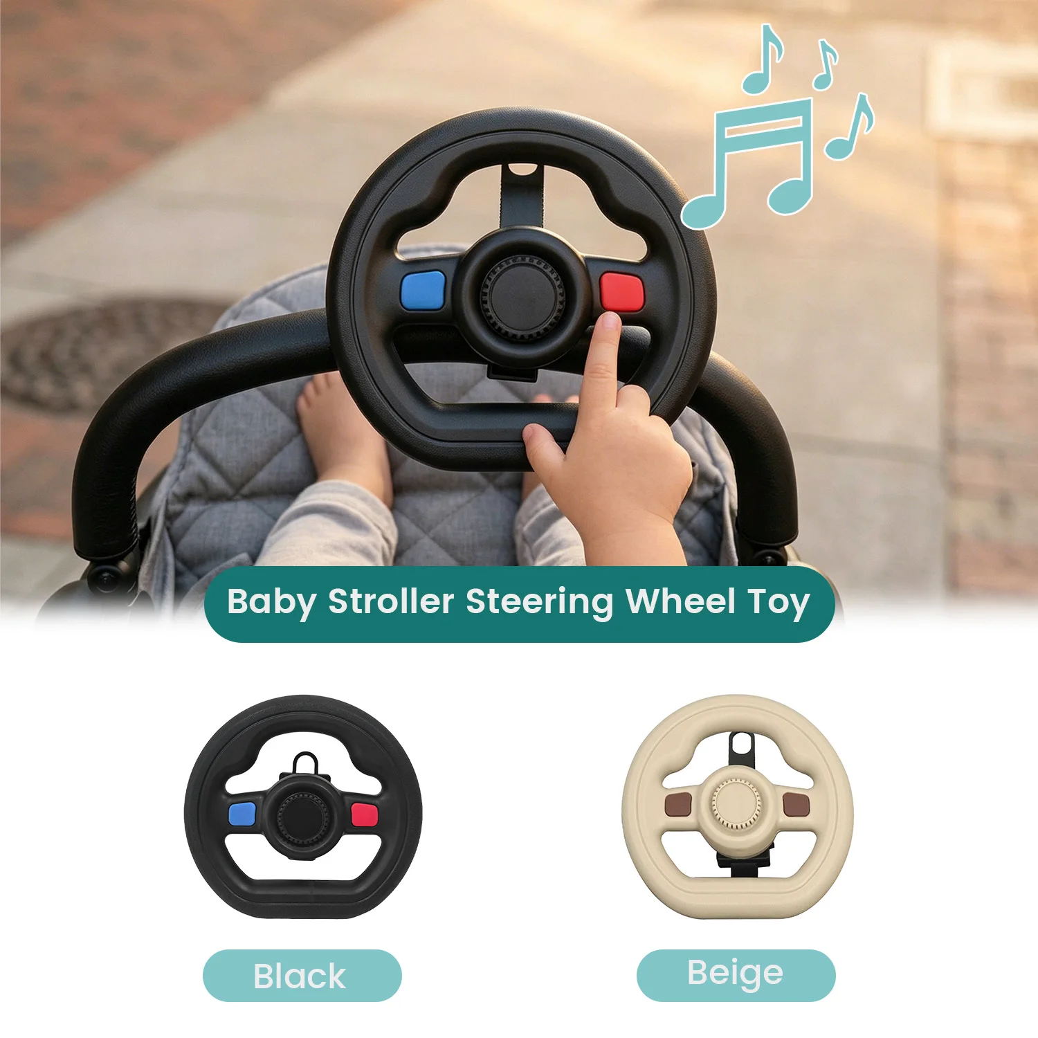 Baby Stroller Steering Wheel Toy, Musical Simulation Driving Toy with Horn Sound, Adjustable Mount 360° Rotatable Toddler Preten - 2