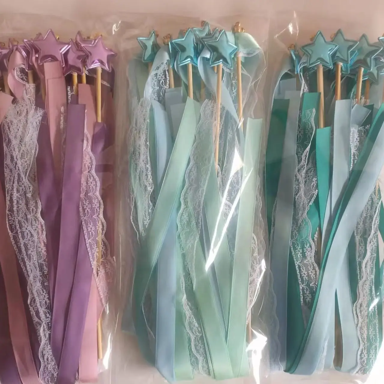 Ribbon Lace Wedding Wands Shining Star and Bell Silk Fairy Stick Wand Wedding Party Photo Prop Decoration Newlepa 10-100
