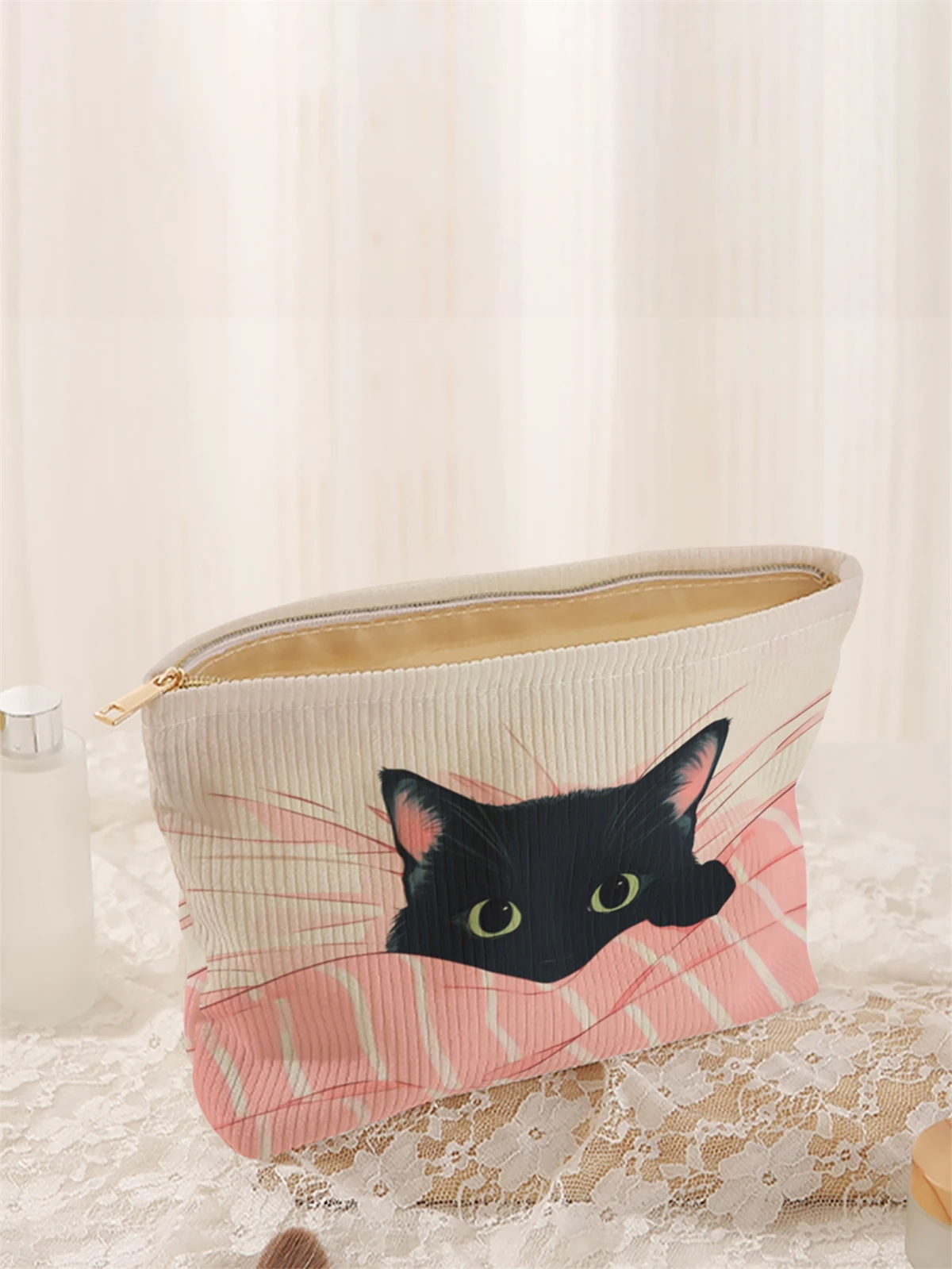 1 cat patterned corduroy makeup bag, lightweight zipper makeup storage box, multifunctional bag with lining