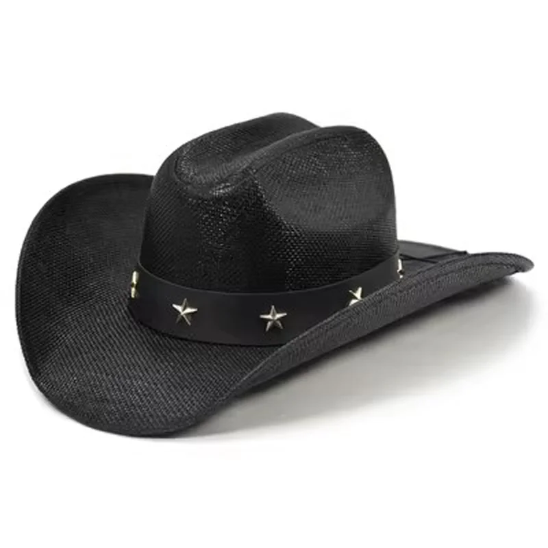 

Summer cowboy straw hat double concave top pure black men's western cowboy hat outdoor beach sunshade gorras para hombres