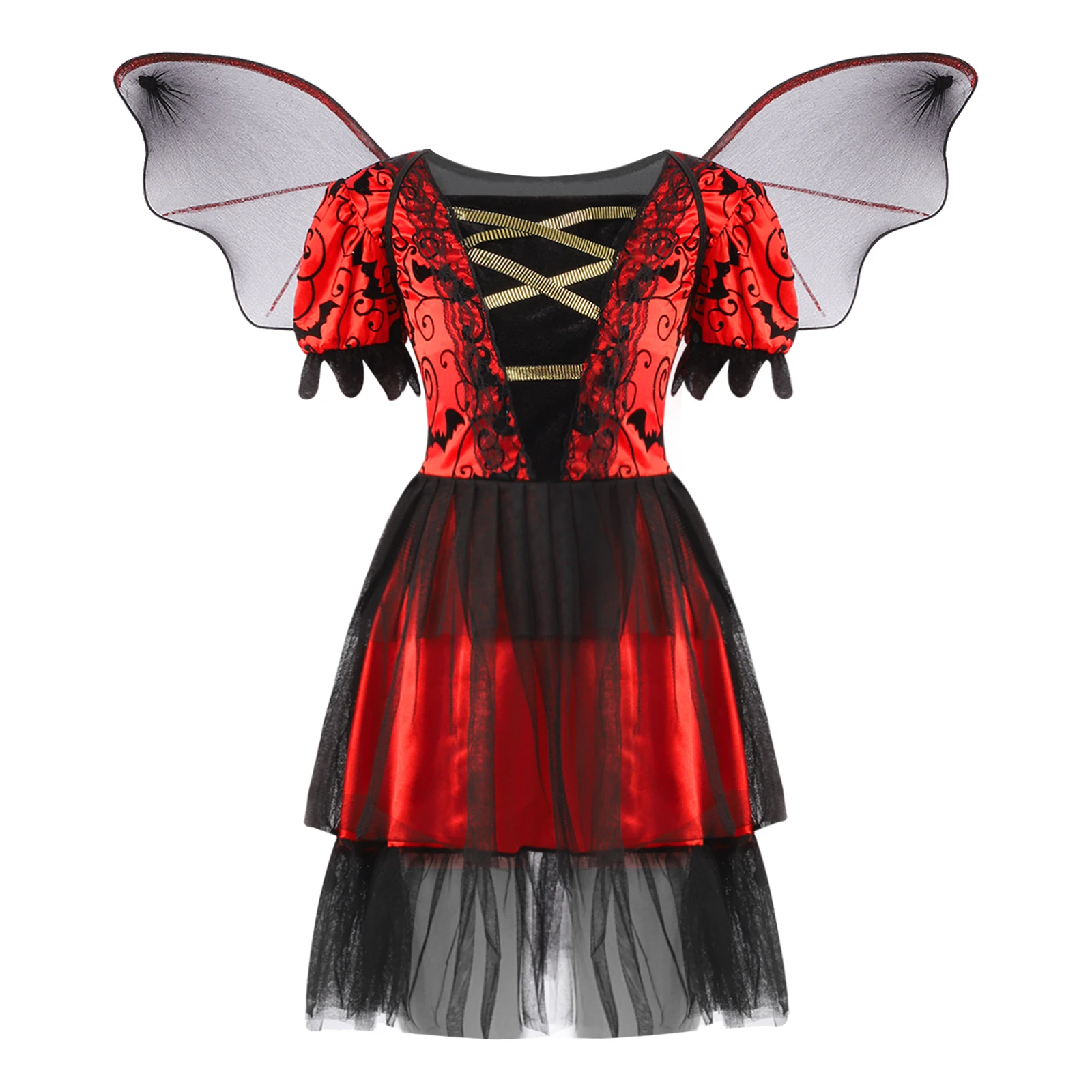 

Детский костюм ведьмы вампира на Хэллоуин из 2 предметов для девочек Сетчатое платье с рукавами-фонариками на шнуровке и принтом летучей мыши с крыльями