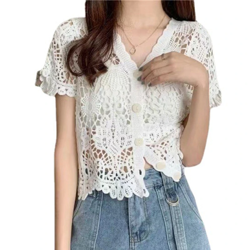 Gilet Femme Grace Karin Manches Courtes - Maille Ajourée - V-Col Boutonnée - Boléro Été