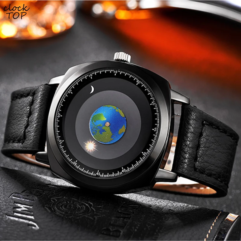 Addies Men's Watches Fashion Design Concept Earth Dial Sun Moon Pointer Watches Men