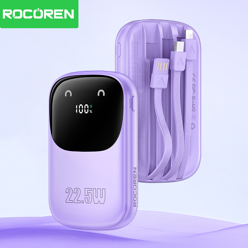 Rocoren 22.5W Fast Charging Power Bank With 3 Cable Mobile External Portable Battery Charger powerbank For iPhone Samsung Xiaomi