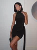 Mozision Turtleneck Sleeveless Sexy Mini Dress For Women Fashion Irregular Ruched Tank Dress Femme Elegant Club Party Dress 5