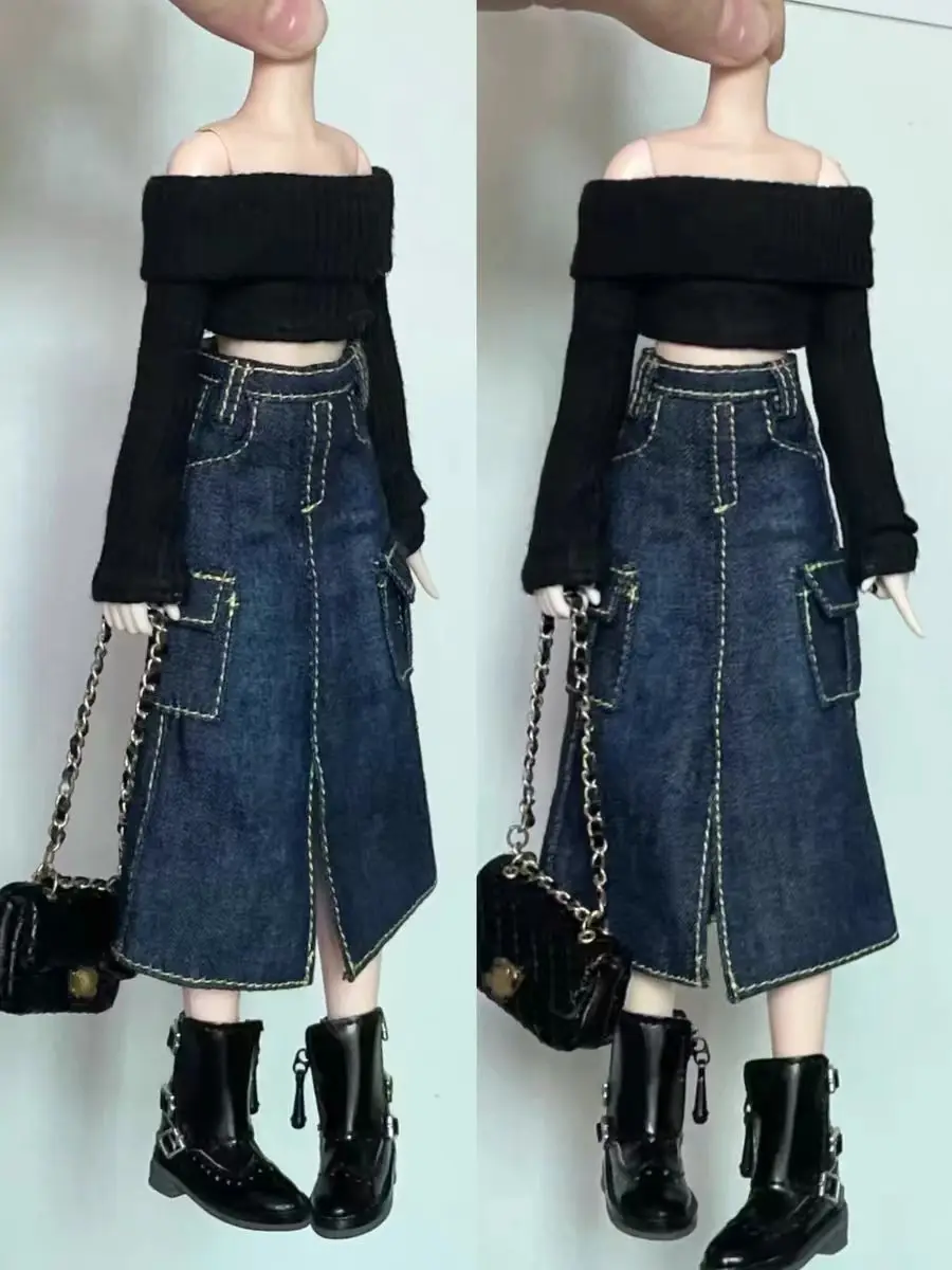 New Handmade Blythe Doll Clothes Off Shoulder Sweater Knit Tops and Split Denim Long Skirt Mini Dress for Blyth OB24 1/6 Dolls