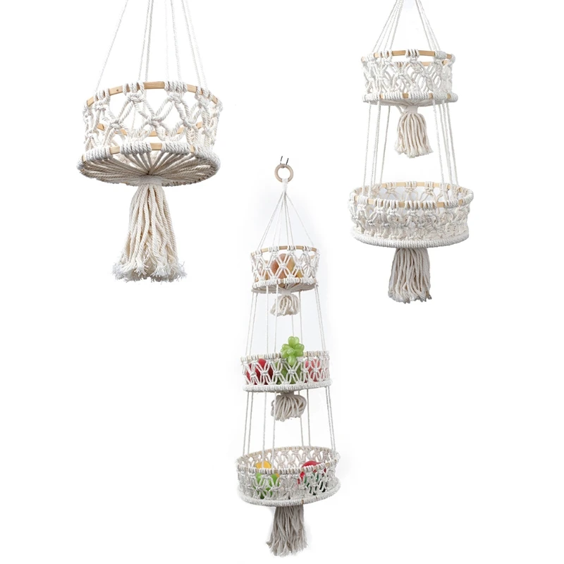 

Hanging Fruit Basket 3 Tier Woven Cotton Rope Wall Baskets Kitchen Produce Storage Plant Holder Macrame Boho Home