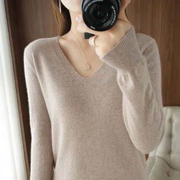 Alternative view of New Cashmere Women's V-neck Pullover Lace Neck Hollow Out Design Casual Knitted Long Sleeve Women's Sweater Autumn And Winter
