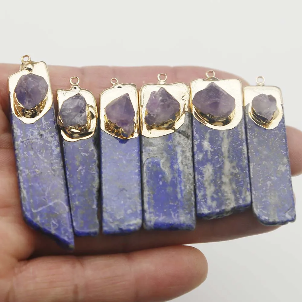 Natural Lapis Lazis Long Inset Irregular Amethyst Necklace Pendant Sweater Chain Jewelry Accessories Wholesale 8PcsFree Shipping