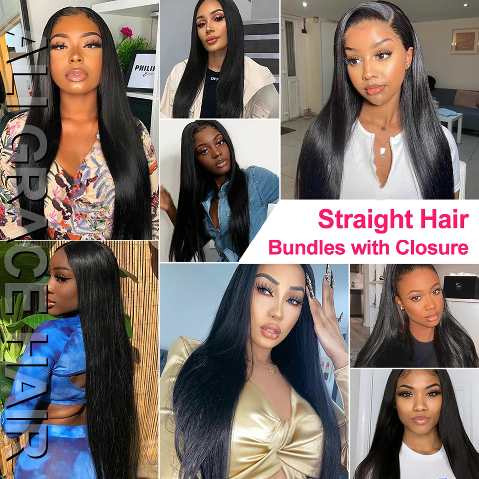 Ali Grace Straight Hair Bundles With Closure 4x4 Closure With Bundle Brazilian Human Hair Weave Transparent Lace human hair wigs human hair bundles