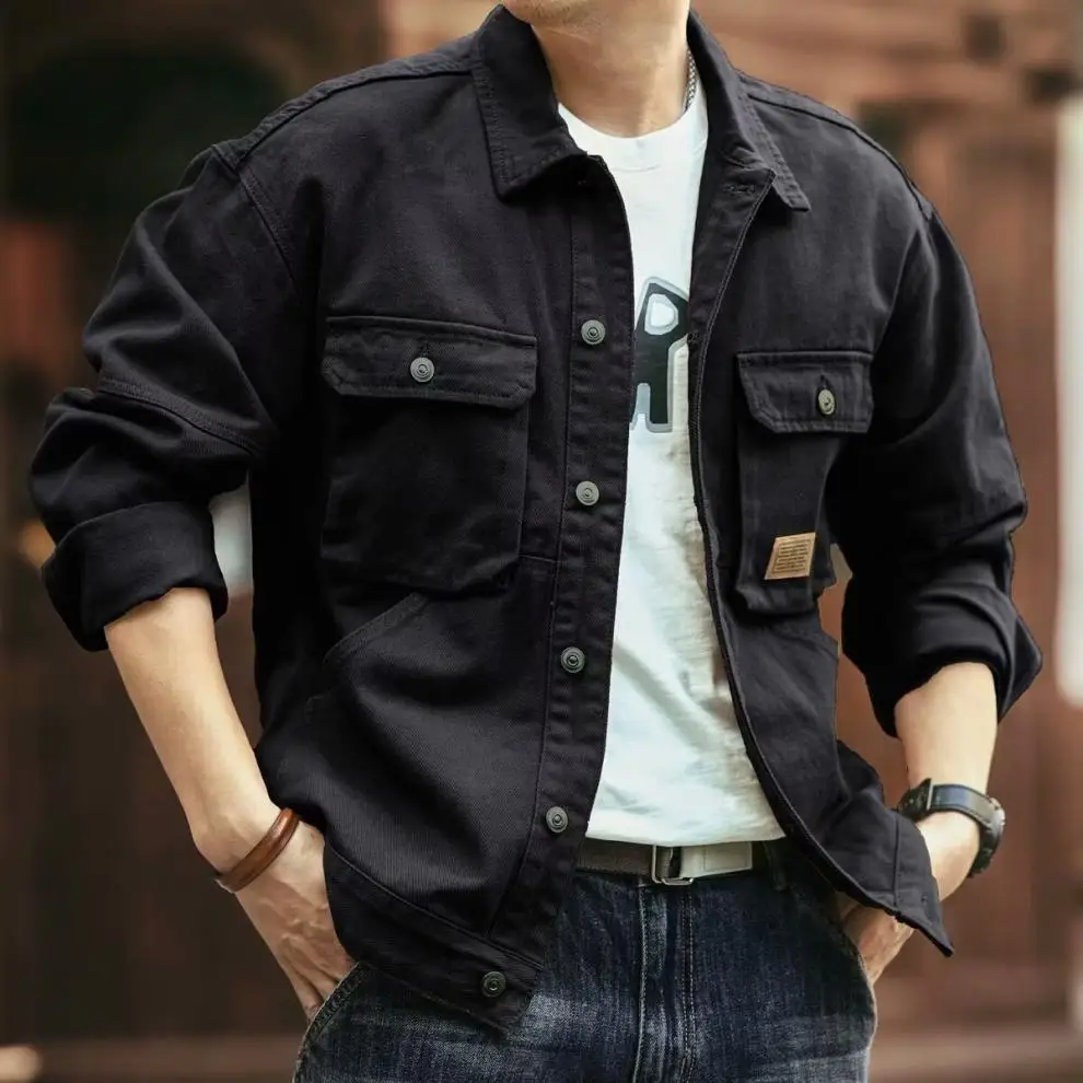 Denim Cargo Jacket - Plus Size Men's Oversize Casual Coat With Turn-Down Collar