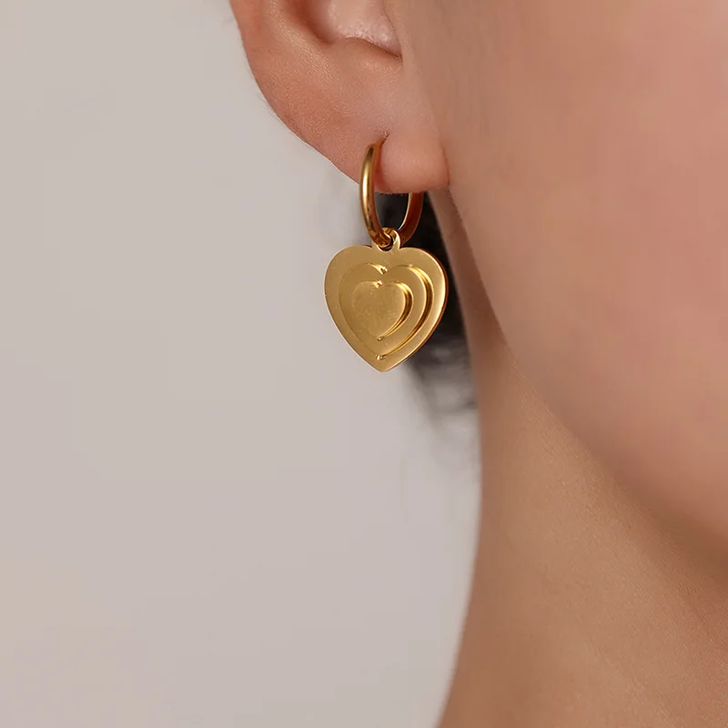 Handmade Stainless Steel Heart Layered Earrings For Women 18K Gold Plated Metal Waterproof Jewelry 5