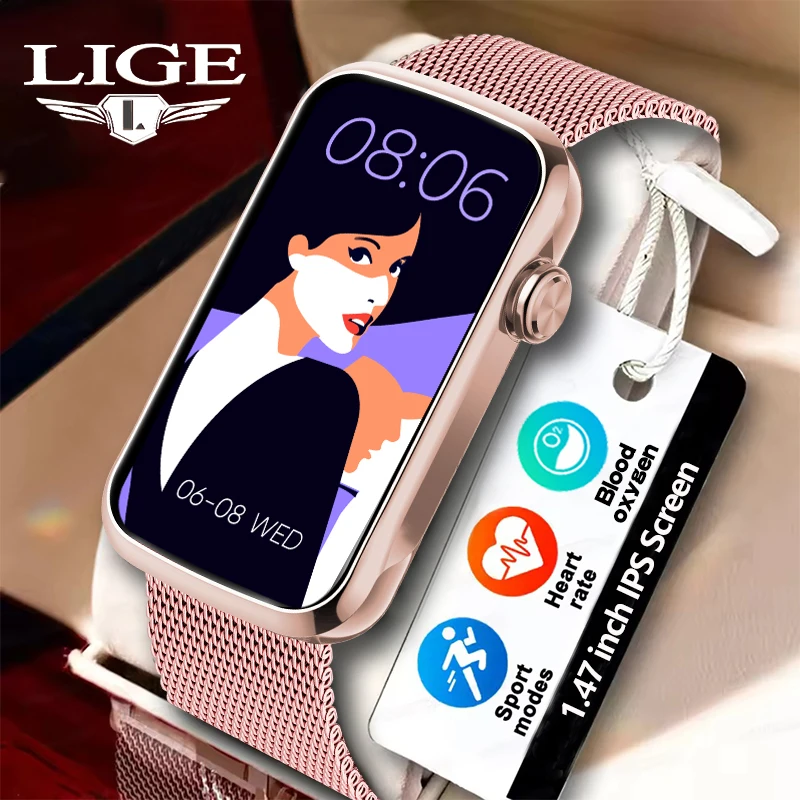 LIGE New 1.47 Full Touch Smart Watch for Women P68 Waterproof Sports Fitness Heart Rate Monitor Ladies Smartwatch