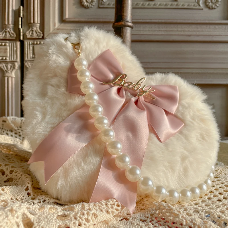 

New Lolita Love Heart Plush Hand Bag Japanese Style School Girls Crossbody Bags Cute Pearl Bow Chain Bag Kawaii Jk Women Bags