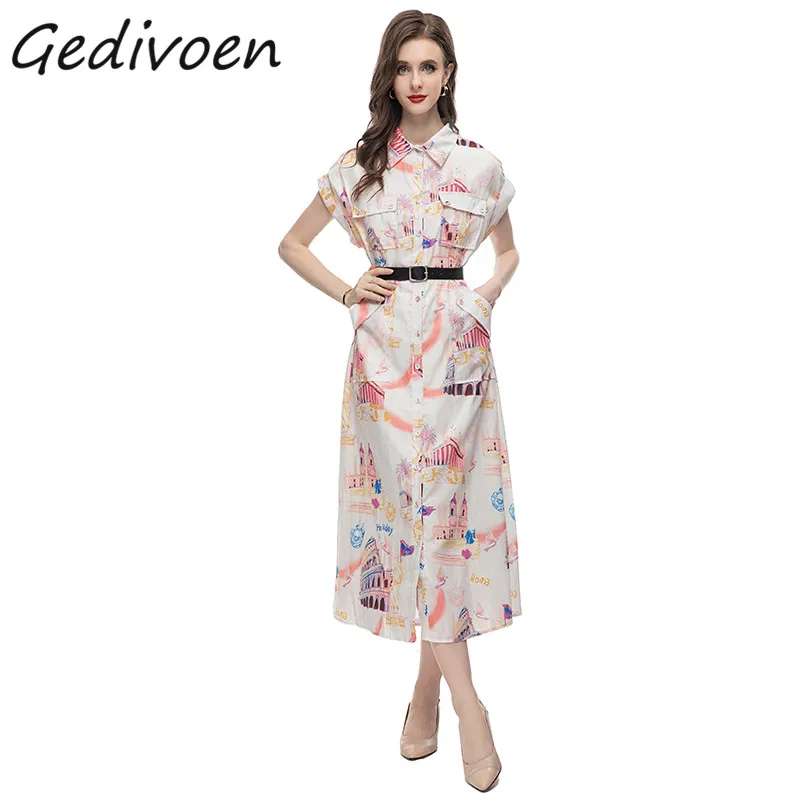 

Летнее модное дизайнерское винтажное Повседневное платье Gedivoen, женское платье миди с отложным воротником и карманами, однобортное платье с разрезом и принтом