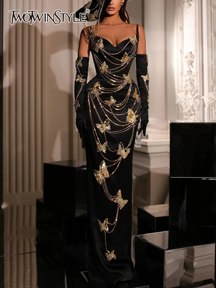 

TWOTWINSTYLE Solid Patchwork Chain Slimming Dress For Women V Neck Sleeveless High Waist Spliced Diamonds Dresses Female Fashion