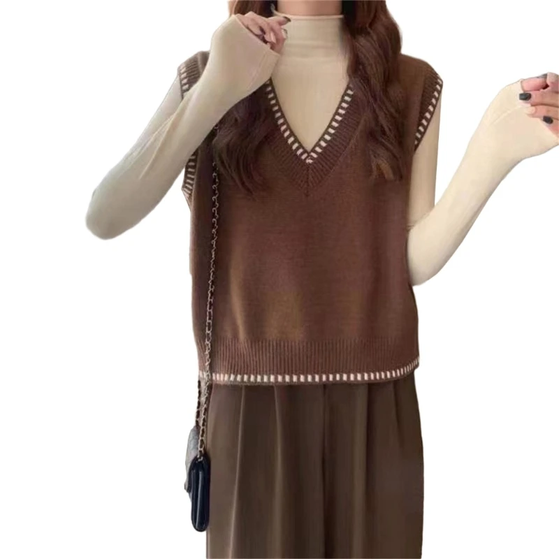 Neck Sleeveless Knitted Sweater Vest Fall Winter Waistcoat for Women Girl Gift N7YF