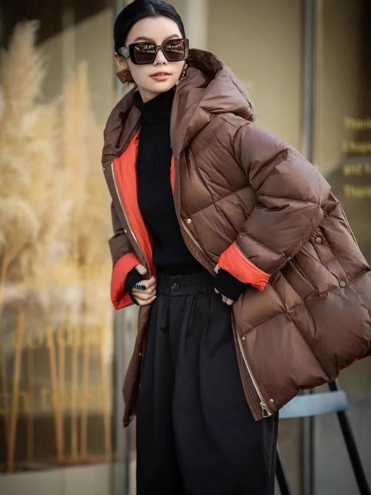 Winter Puff Hooded Patchwork Mid Length Down Jacket Women White Duck Down Fluffy Down Jackets Female Zipper Warm Parker Outwears