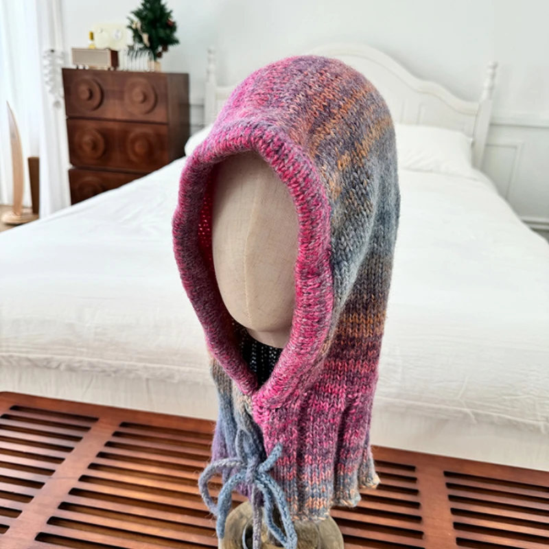 Winter-Sturmhaube mit gemischter Farbe, allmählicher Wechsel, für Männer und Frauen, warmer Bezug, gestrickter Nackenschutz, integrierte Schnür-Beanie-Mütze – Detail 3