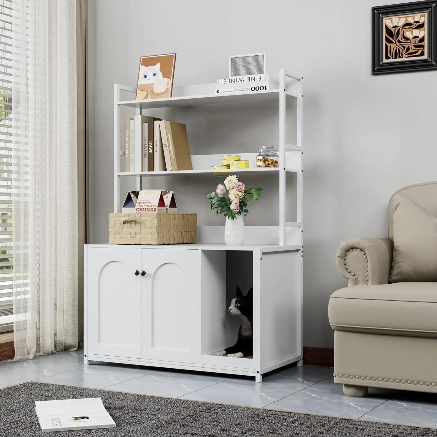 Cat Litter Box Enclosure 2-Tier Display Storage Shelves Wooden Cat House Washroom Metal Frame Cabinet Furniture