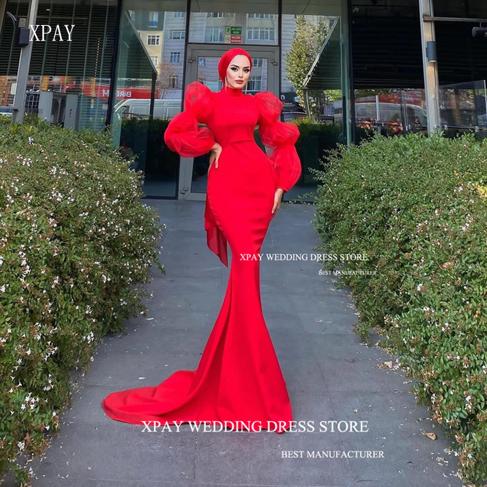 

XPAY Modest Red Mermaid Evening Dresses Puff Tulle Long Sleeves High Neck Slim Trumpet Formal Celebrity Prom Gowns Dubai Arabic