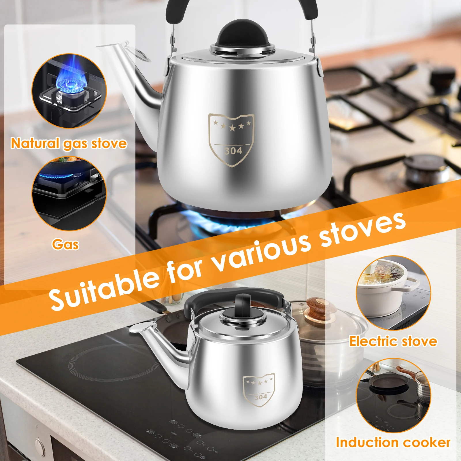 Stainless Steel Whistle Teakettle Stovetop Induction Curved Handle Home Camping Boiling Coffee Tea Kettle Stove Top whistling teapot tea kettle 3L
