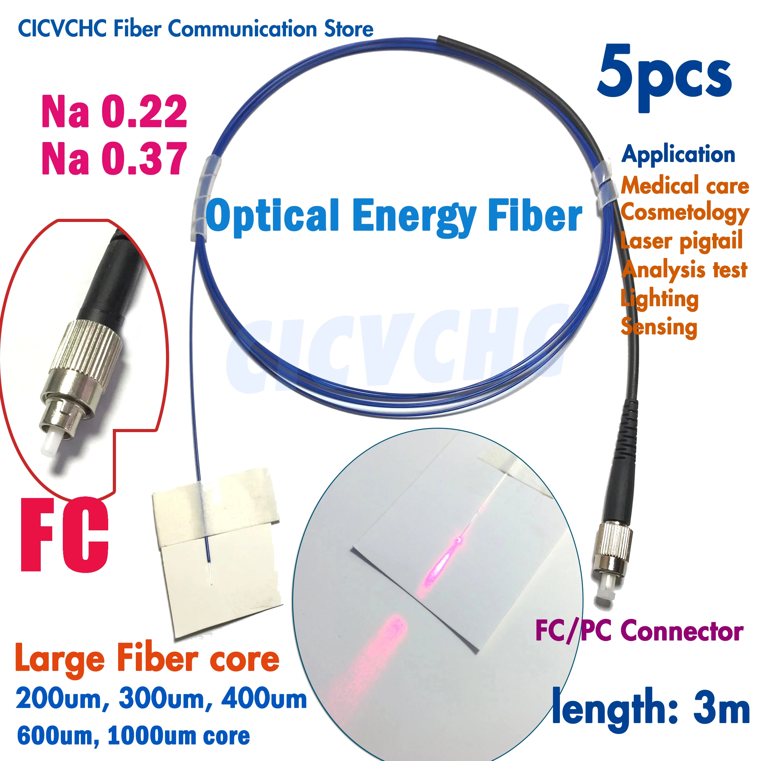 5pcs FC Energy Fiber Optic Pigtail with 200um, 300um, 400um, 600um, 1000um Large Core Na0.22 or Na0.37