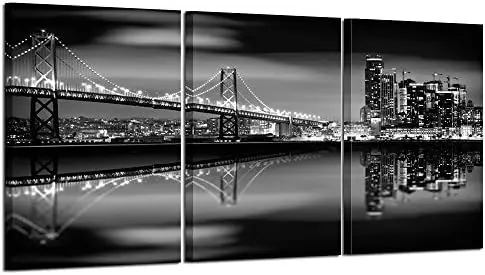 

Arts - San Francisco Bay at Night in Black and White Bridge 3 Panels Modern Landscape Artwork Canvas Prints Cityscape Pictures P