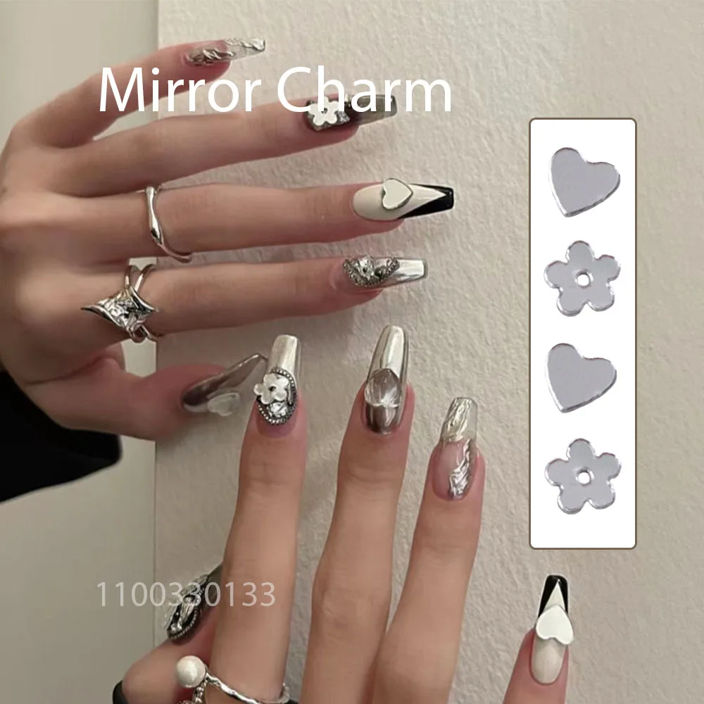 

Chrome Punk: 100PC Mirror Charms 3D Nail Decorations Future-Tech Style Heart Floret Design Mirror Adorn Acrylic Nail Accessories